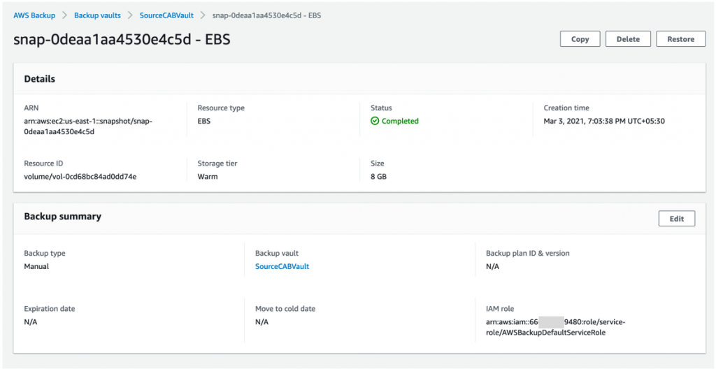 Choose the Backup job ID for the resource that you chose to back up to see the details of that job (1)