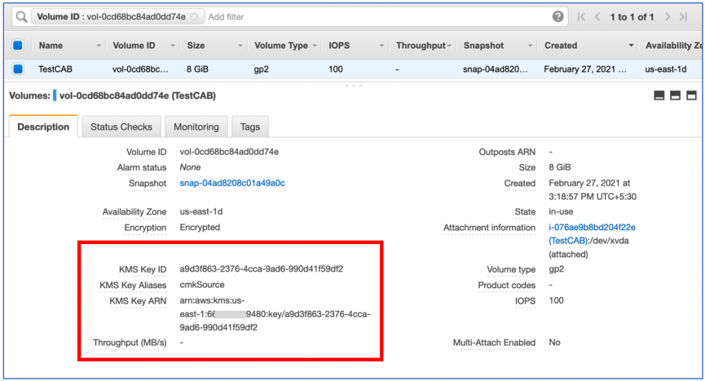 EBS volume encrypted with CMK 'cmksource' (1)