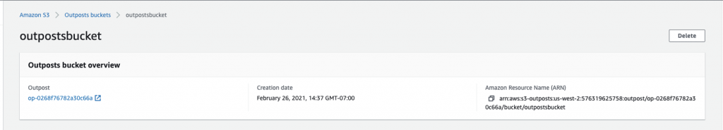 After applying this stack, if I browse to the Amazon S3 on Outposts resources in the AWS Management Console, I see my bucket.