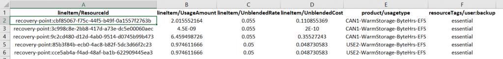 The following screenshot shows an example of a CSV file that shows costs for 'backup-essential' key-value pair.