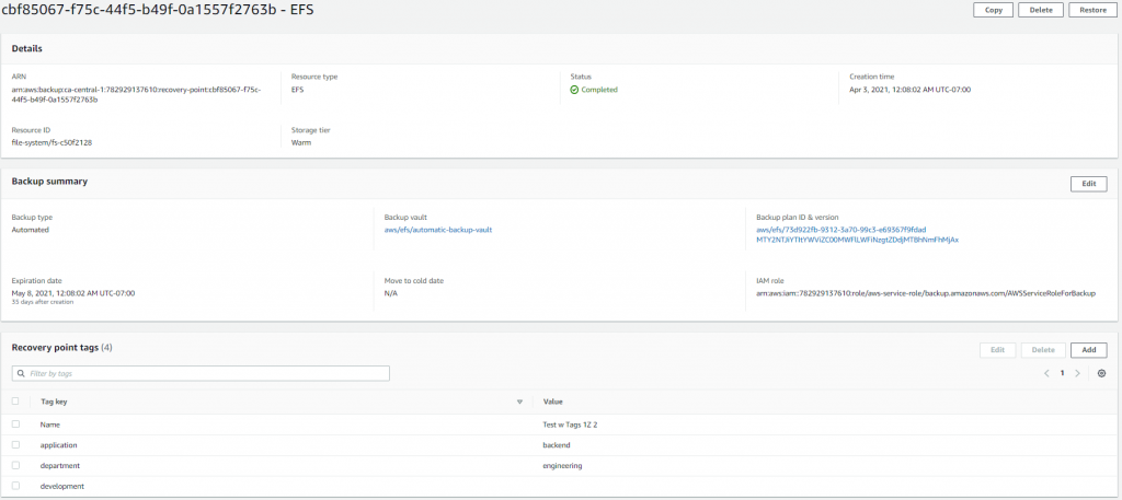 Within the selected recovery point, select Add under Recovery Point Tags to add new tags to existing backups.