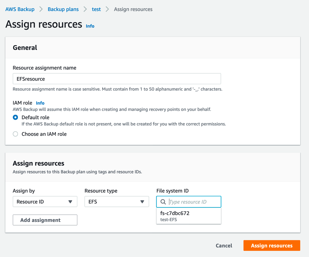 Assign resources in your backup plan - Automating backups and optimizing backup costs for Amazon EFS using AWS Backup