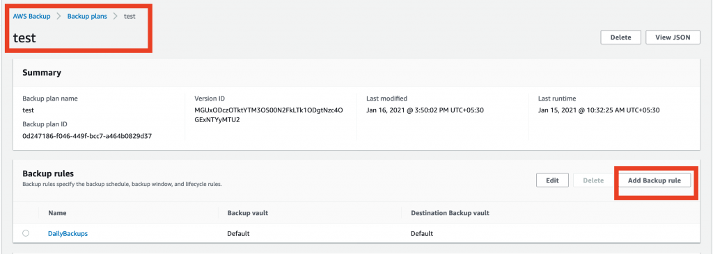 Choose the backup plan in which you want to add a new backup rule and select the Add Backup rule button