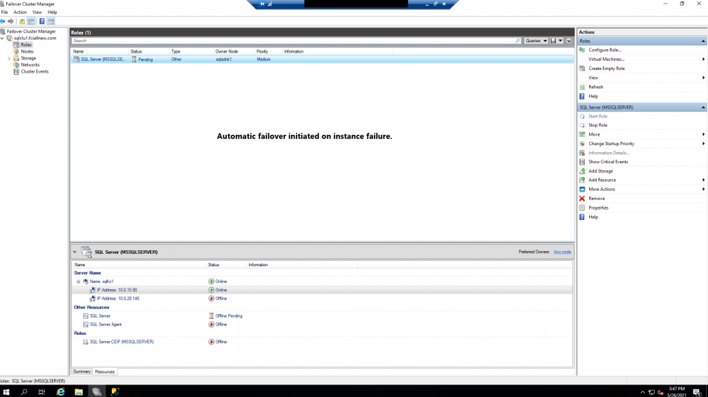 In case of an instance (SQL node) failure, you will find that the automatic failover to the secondary node begins