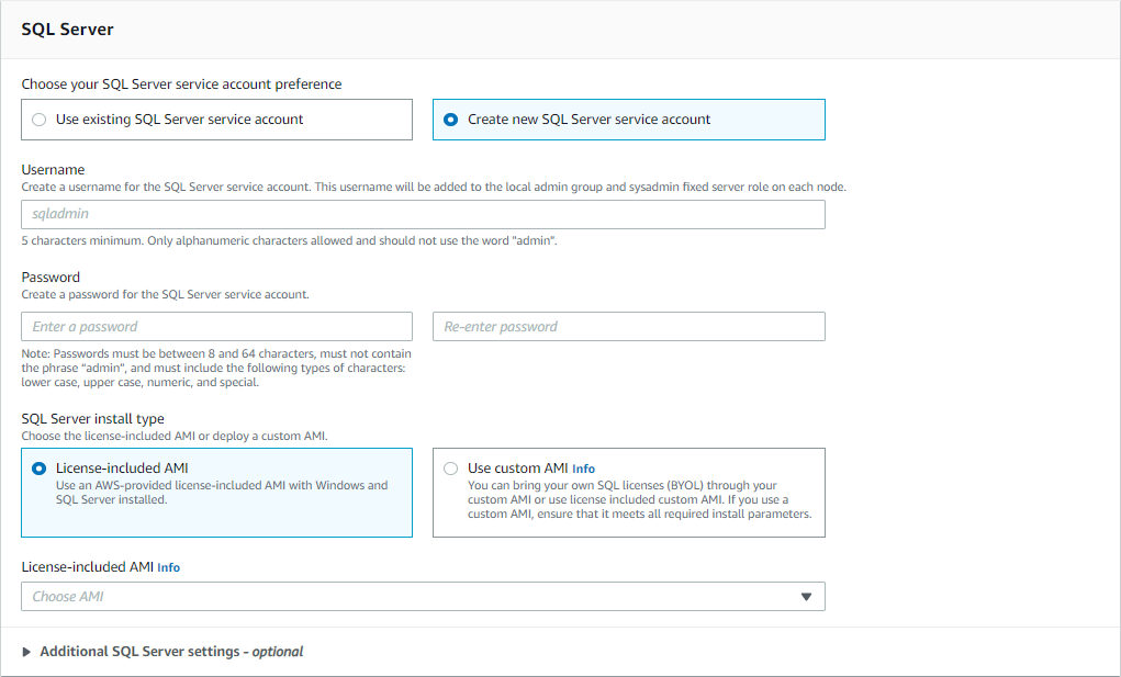 SQL Server account details, and the SQL Server Installation type