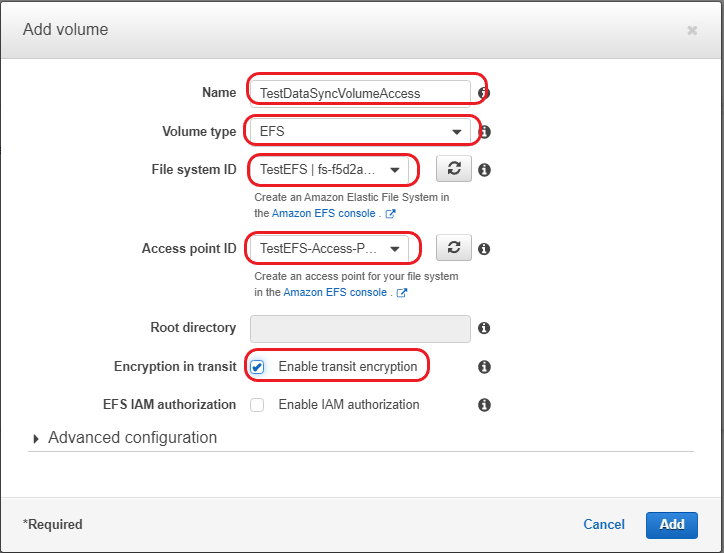 Amazon ECS console - adding a volume - volume type EFS