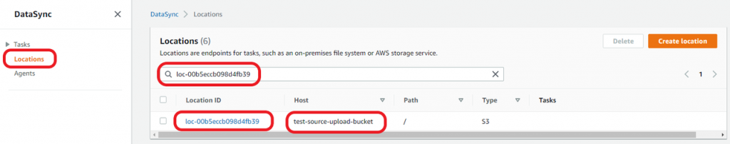 DataSync in the console - choosing locations and filter by location Id, taking not of the source bucket name