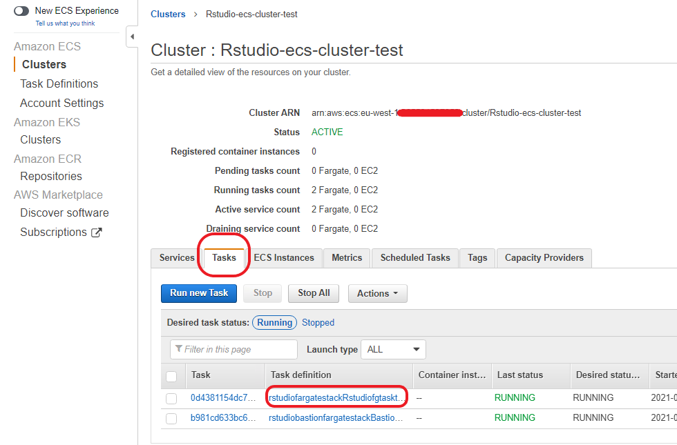Once the task is running, navigate to the Amazon ECS console and click on your new cluster to view the details.