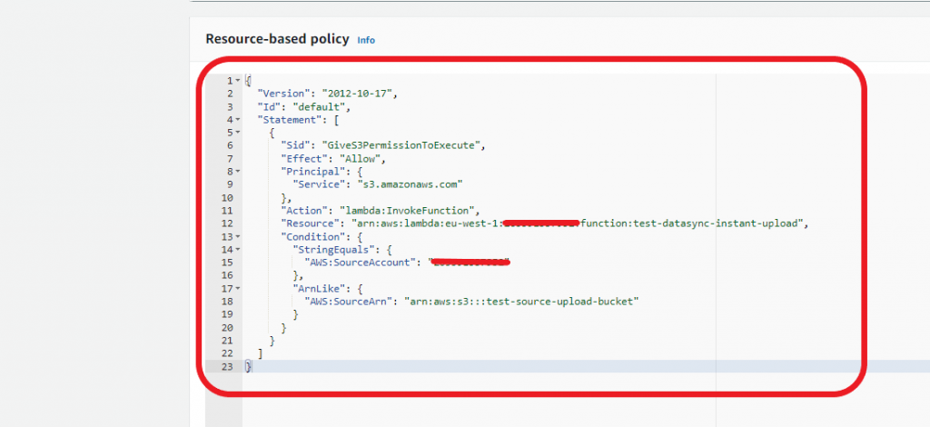 Scroll down to the Resource-based policy area and confirm that the policy has been added