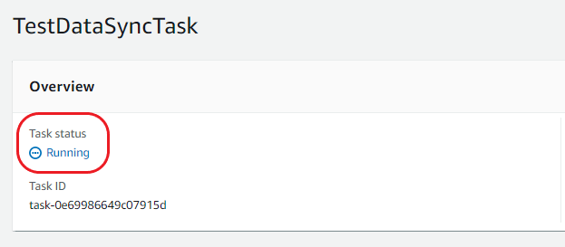 The status of the DataSync task should change to RUNNING to show that the task has been triggered