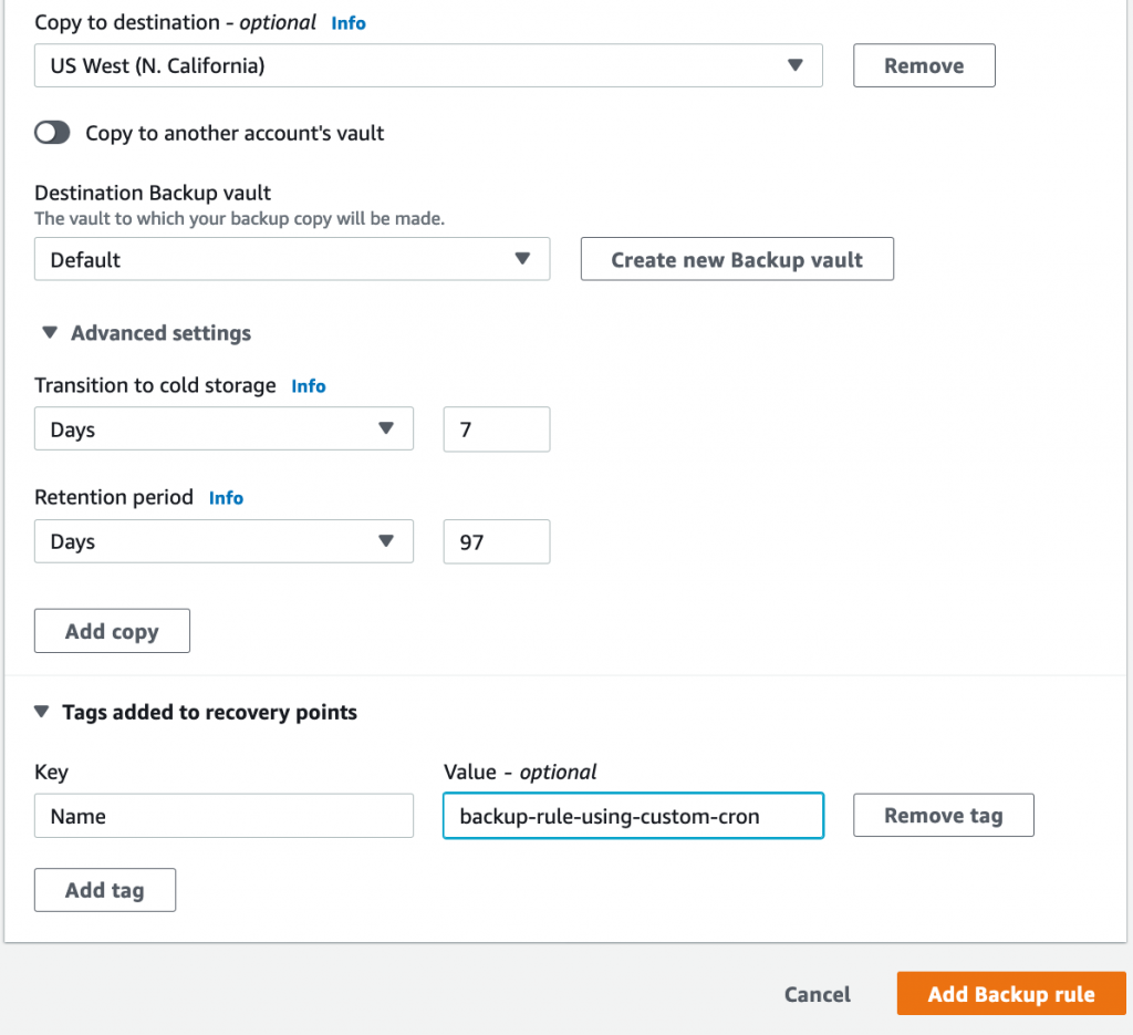Configuring cross-Region or cross-account copy with lifecycle for copied backups in your backup rule