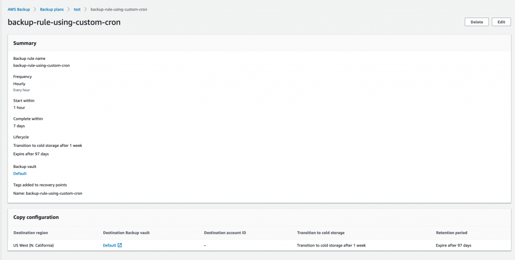Once you have created the rule, you can view the details of the rule by selecting the rule in backup plan summary page