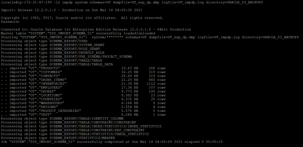 Example of output of Data Pump restore that was successfully completed