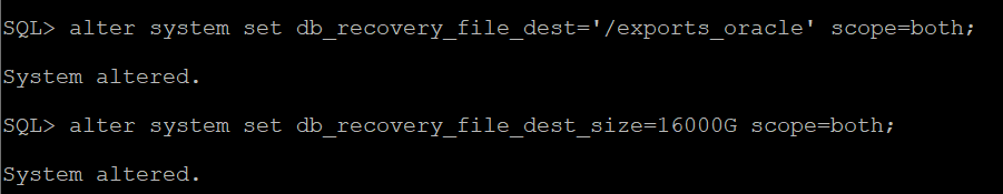 Example output after setting up the parameters 'db_recovery_file_dest' and 'db_recovery_file_dest_size.'