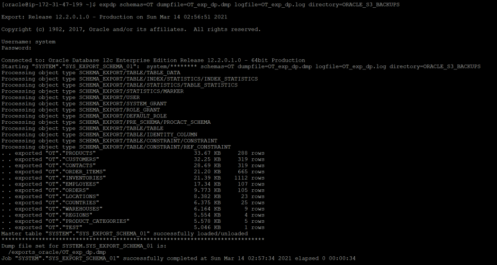 Successfully taken Data Pump backup - command output