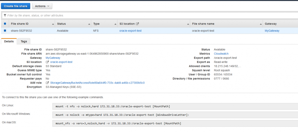 The S3 bucket used in this example is oracle-export-test
