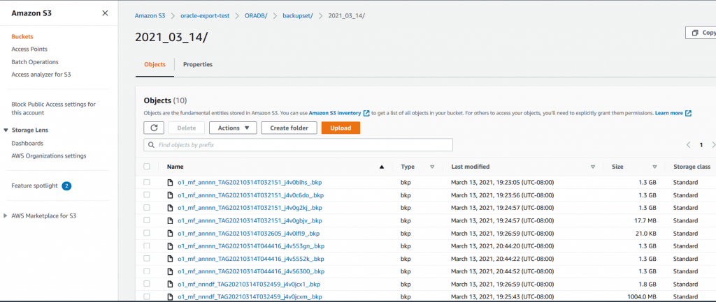 Verify that the backup has been uploaded into the bucket