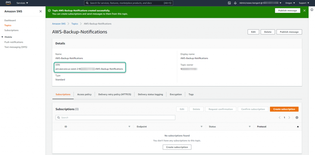 After creating your SNS topic - a window providing the topic details will be displayed.