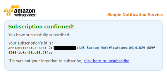 After you select the Confirm subscription link on the AWS Notifications email, you are taken to a webpage confirming the subscription