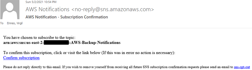 An email from “AWS Notifications” requesting subscription confirmation.
