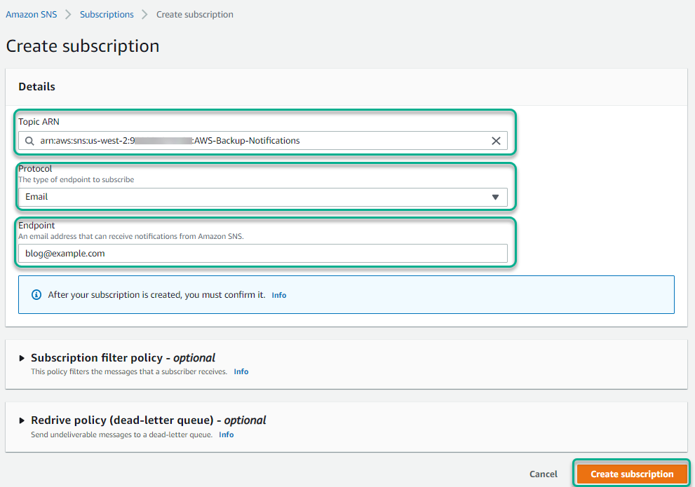 Create Amazon SNS subscription - provide topic ARN, protocol, endpoint