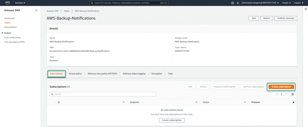 Create Amazon SNS subscriptions - Select the Subscriptions tab in the topic details window. Next, select Create subscription