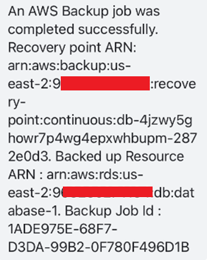 Example SMS message notification - AWS Backup notifications