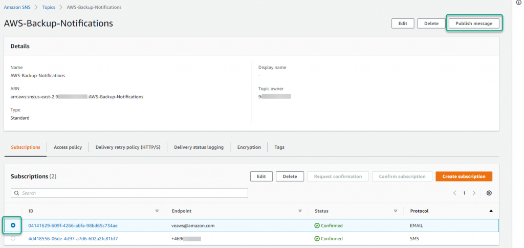 Navigate to the Publish message to topic window by selecting each subscription and then selecting Publish message