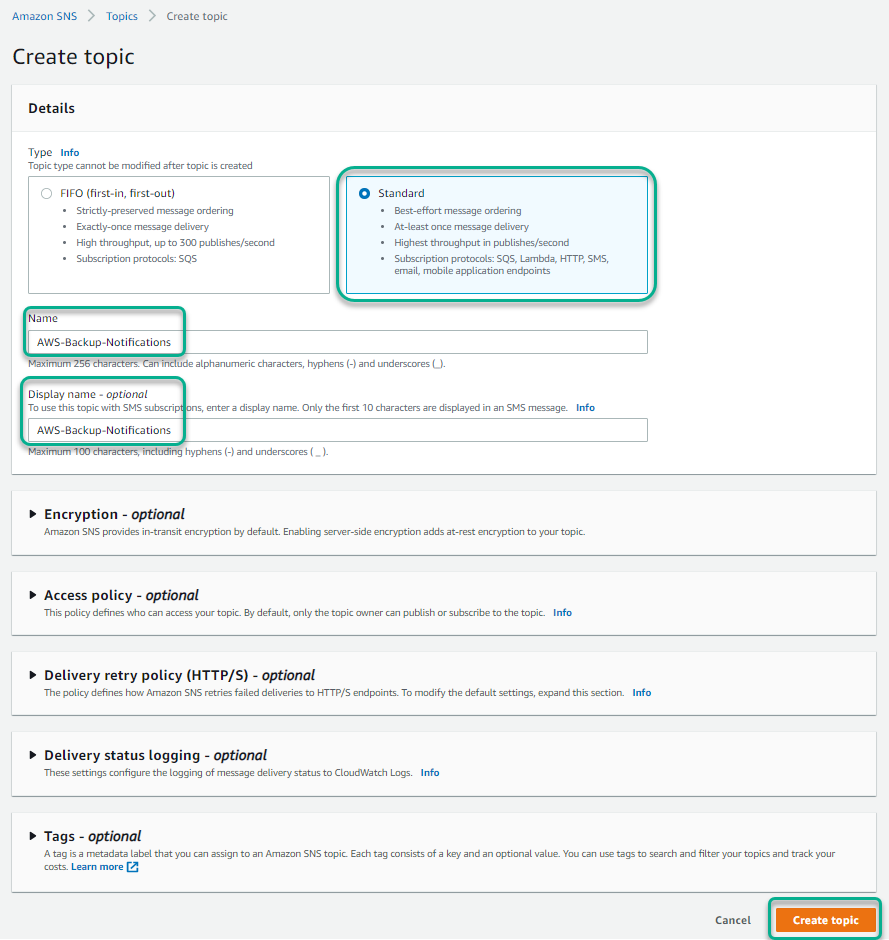 The Create topic window in the Amazon SNS console provides a choice to select FIFO or Standard