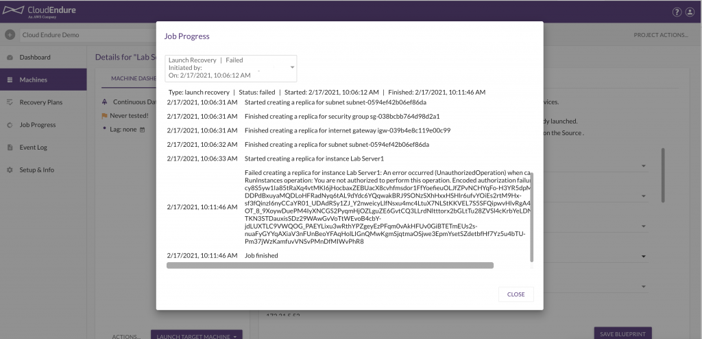 Job progress failure in the CloudEndure console
