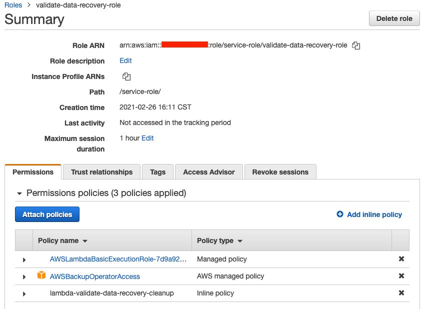 Click on Review policy. Enter a Name for this policy lambda-validate-data-recovery-cleanup and click Create policy