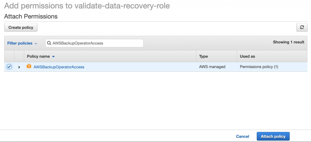 Configure the IAM role used by the Lambda function by adding permissions to interact with AWS Backup and EC2 for validating data recovery and cleanup
