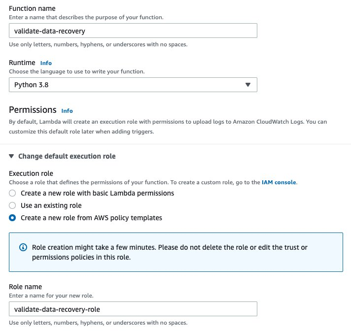 Create a Lambda function - Automatic data recovery testing with AWS Backup