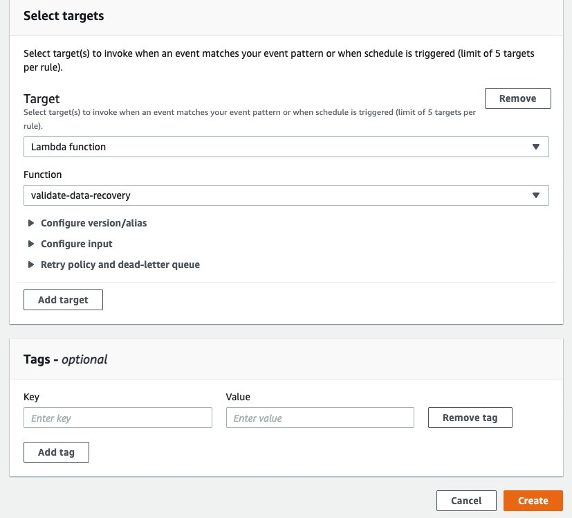 Scroll down to the Select targets section. Choose Lambda function for the Target (Restore validation) (1)
