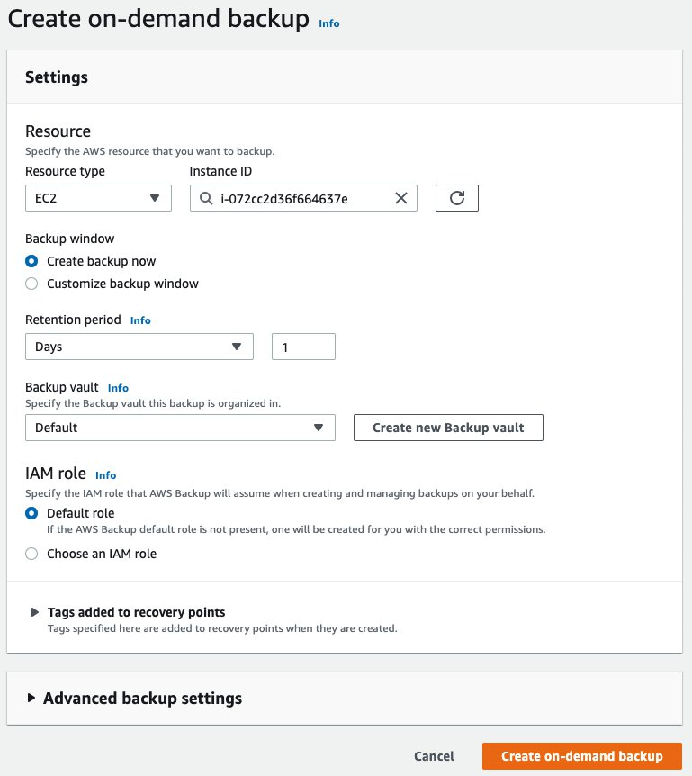 To test the solution in this example, I simulate the actions performed by AWS Backup by creating an on-demand backup