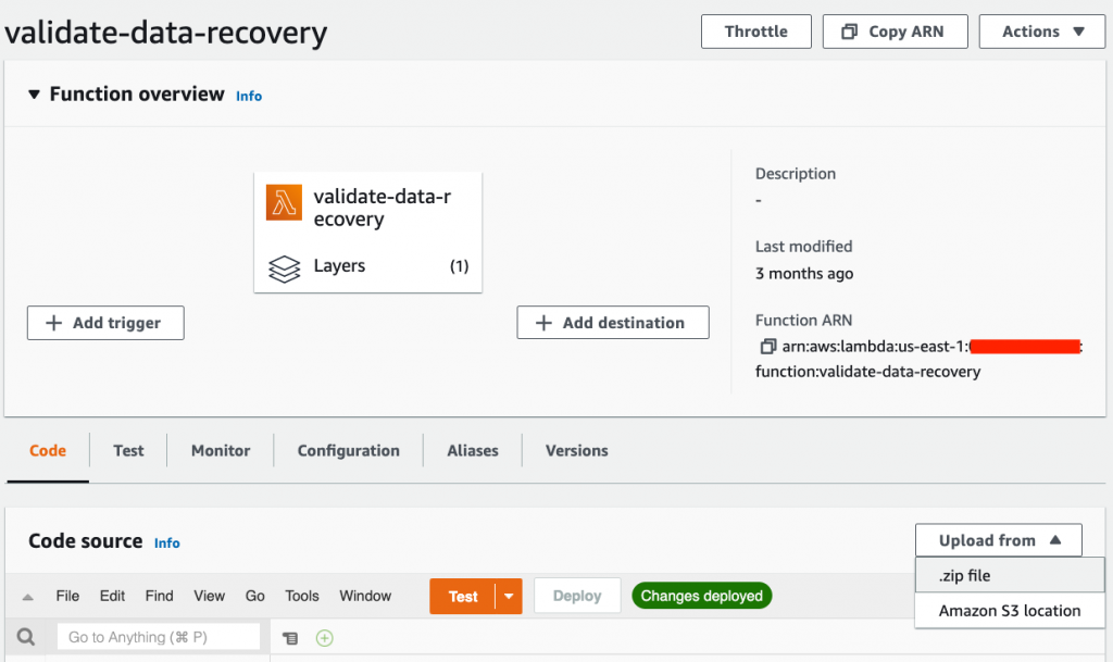 Lambda function package and save it locally. Scroll to the Code source section. Select Upload from and .zip file, then upload the Lambda function package you downloaded 