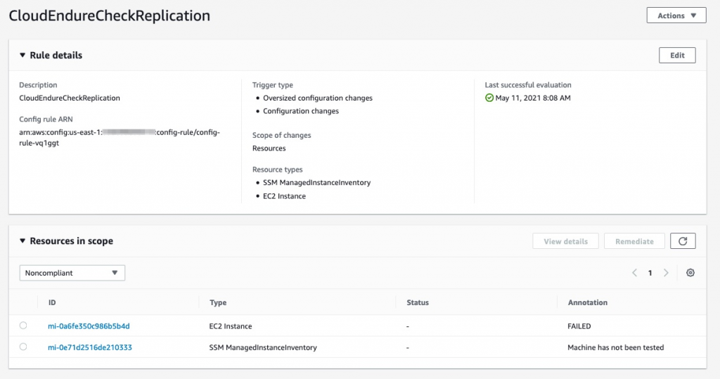 The AWS Config rule detects any resources that exist in CloudEndure Disaster Recovery and validates that they are set up properly and replicating