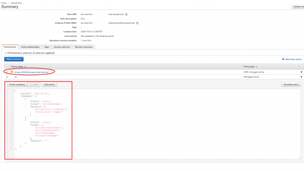 Figure 1 - Attaching required managed and custom policies.