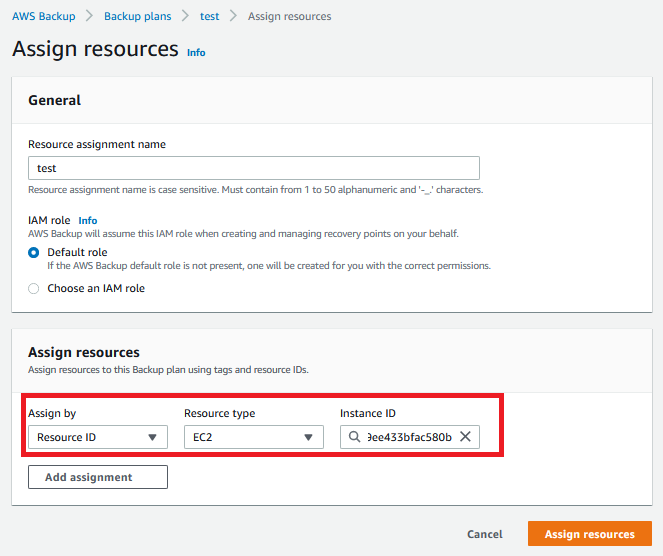 Provide Resource assignment name, choose EC2 for Resource type, and choose the instances where you installed the VSS agent