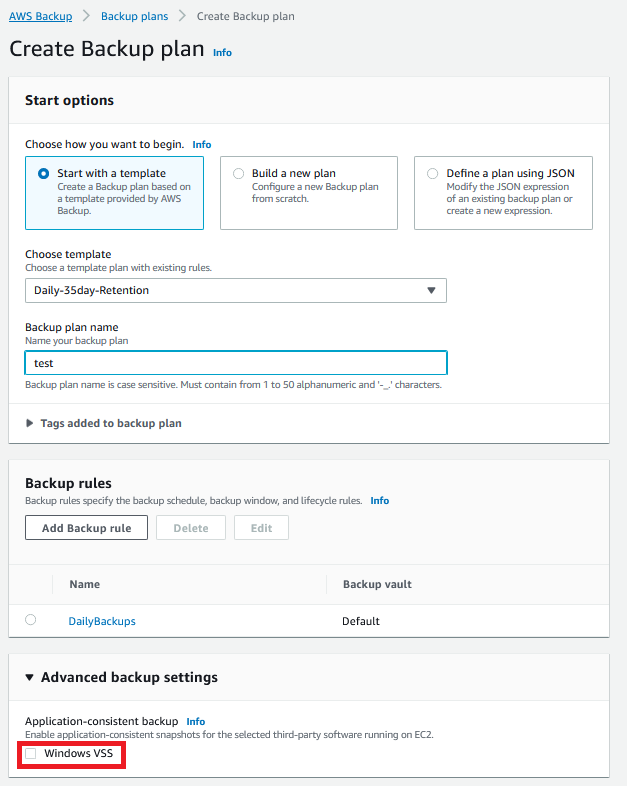 Scheduled backup plan - Ensure that you select the check box for Windows VSS under Advanced backup settings