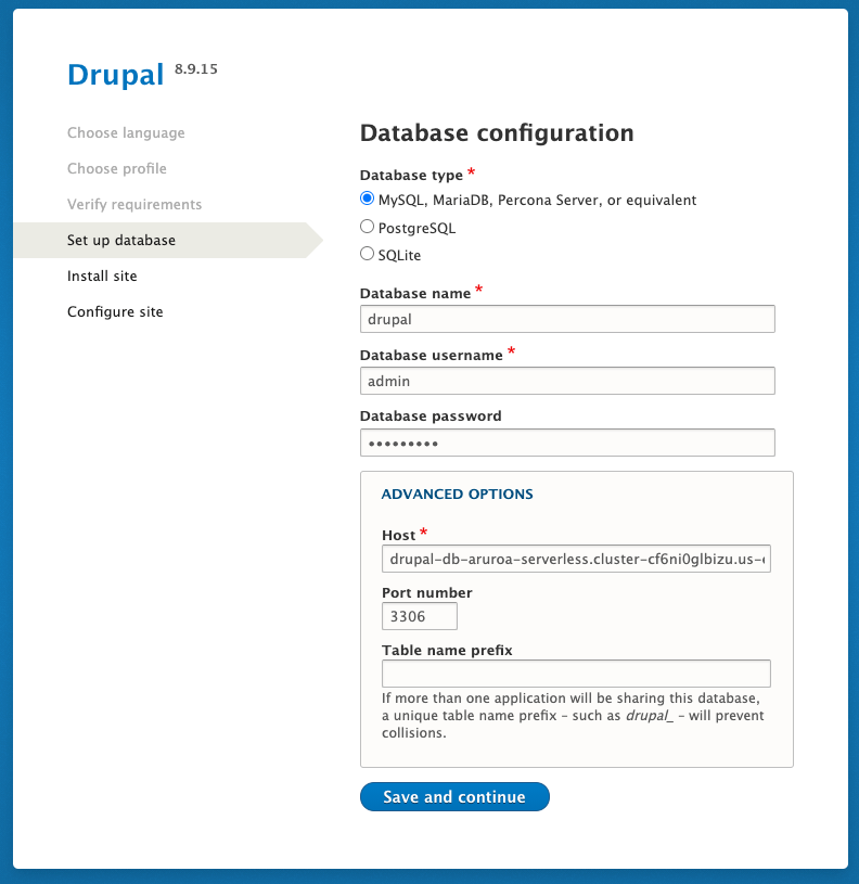 Set up database - Drupal - Database configuration page