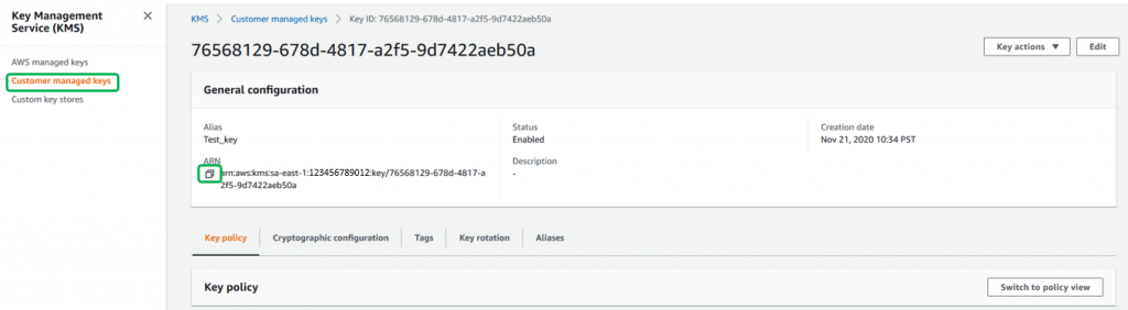 2. Select Customer managed keys on the left side panel, and then the CMK that is encrypting the volume. Make a note of the ARN of the key.