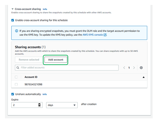 Enter the AWS account IDs of all source accounts that you want to copy snapshots from. (1)