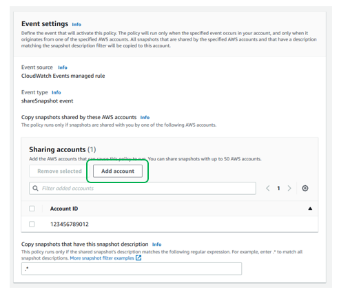 Next to Copy snapshots shared by, enter the AWS account IDs of all source accounts that you want to copy snapshots from1