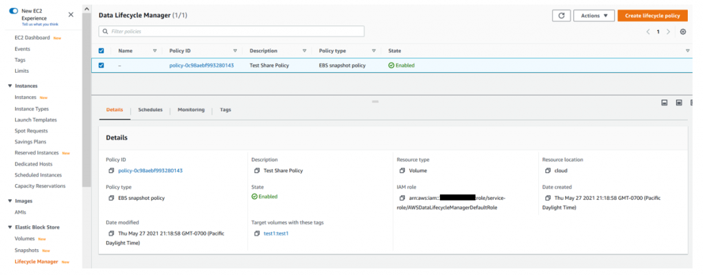 On the Amazon DLM main page, you can select the policy and see more details at the bottom of the screen. (1)