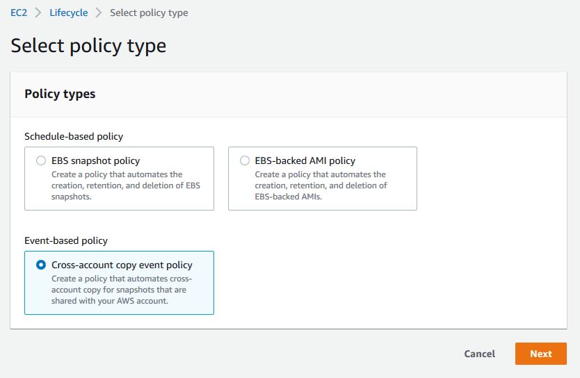 Select Cross-account copy event policy and click on Next (1)