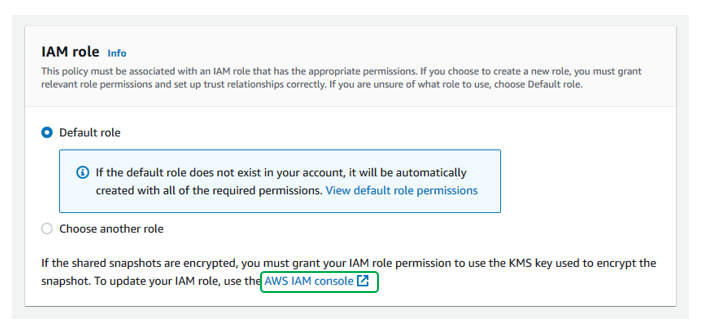 Select the IAM role you would like to perform the copy action.