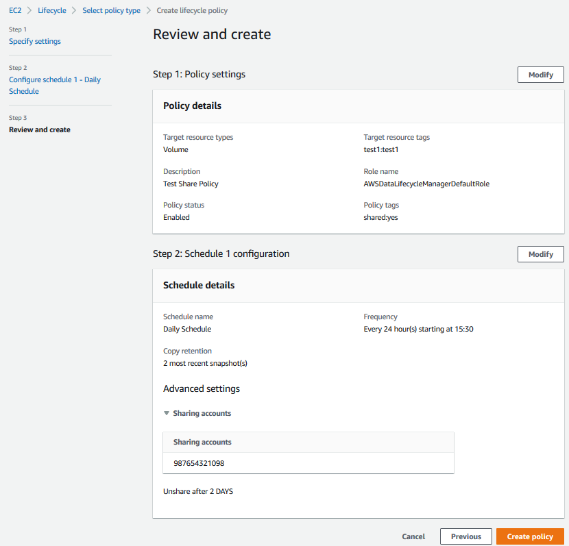 Verify that the Policy status after creation is enabled - then Create policy
