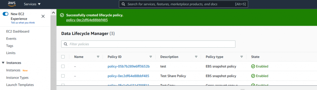 You should now see a Success message with a policy-id confirming that your policy was successfully created (1)