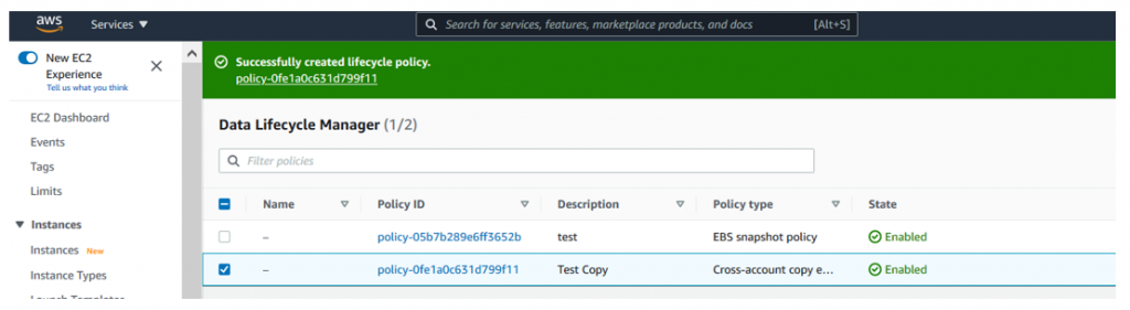 You should now see a message with a policy-id confirming that your policy was successfully created (1)